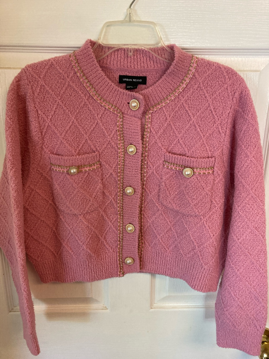 Urban Revivo Pink Pearl-Trim Knit Cardigan